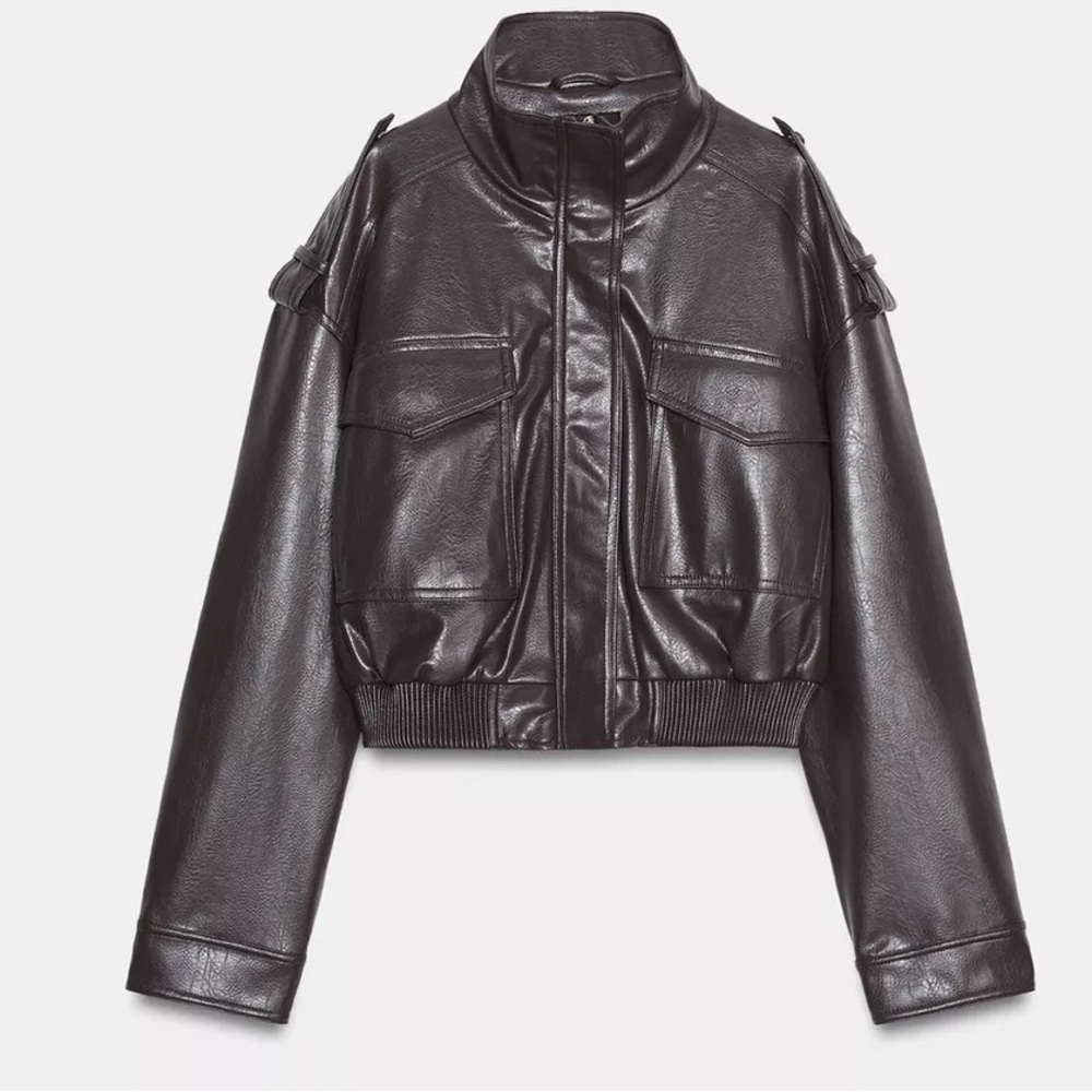 Zara Brown Vegan Leather Cropped Bomber Jacket xs - Picture 12 of 13